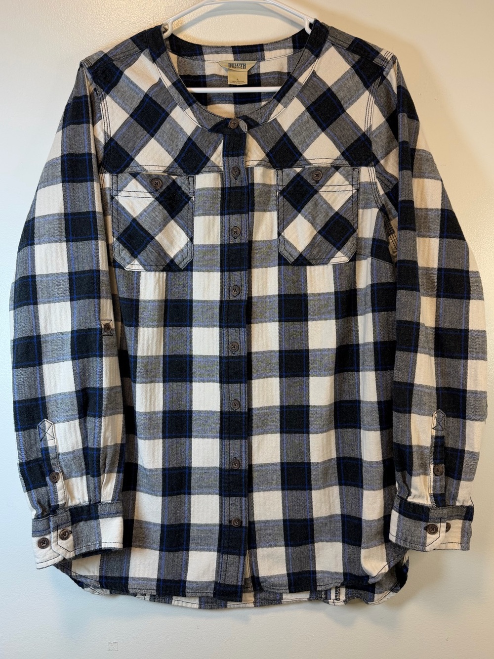 Duluth Trading Co Navy & White Plaid Button-Down Flannel Tunic Women’s Large